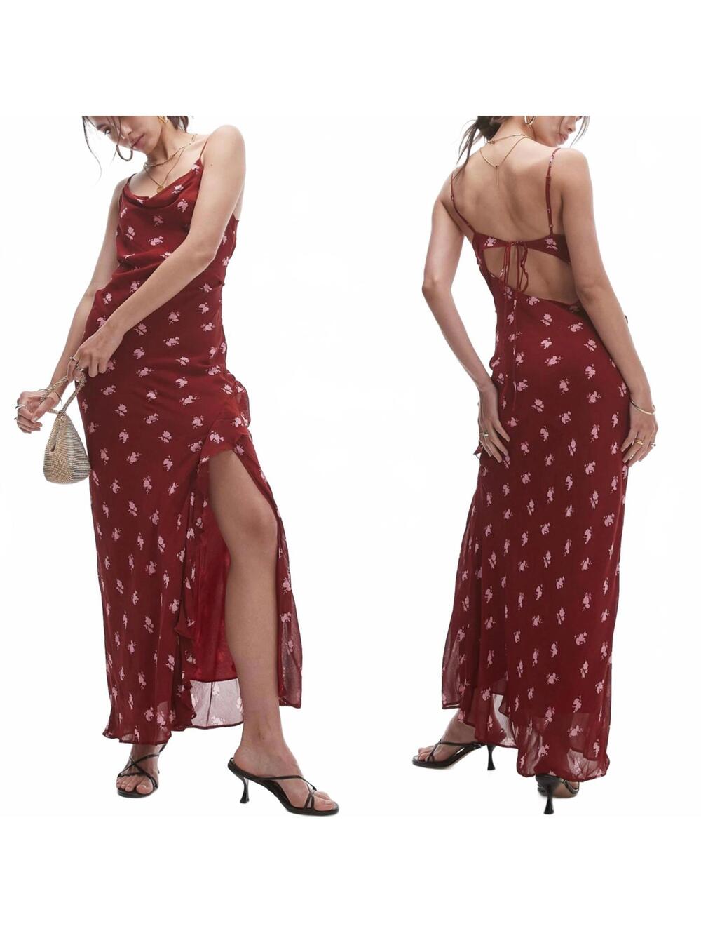 Topshop Sheer Drape Midi Dress Red Cowl Neck Maxi Dress Slit Burgundy NWT Size 2 - Picture 1 of 7